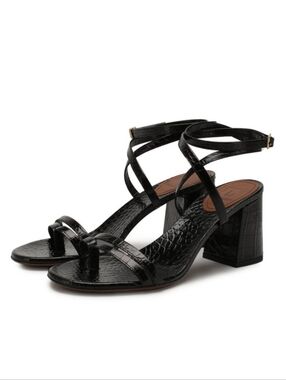 L'Autre Chose Strappy Black Croc Embossed Women's Leather Block Heels Size 39